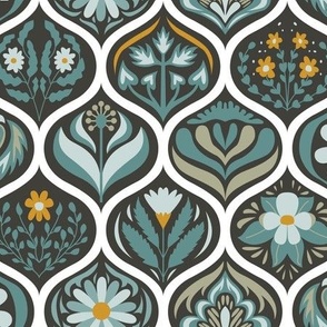 Scandinavian Ogee Tiles in Turquoise, Midnight, and Saffron on White