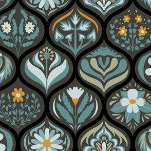 Scandinavian Ogee Tiles in Turquoise, Midnight, and Saffron on Black