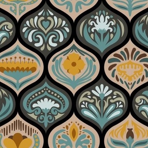 Scandinavian Ogee Tiles in Turquoise, Linen, and Saffron on Black