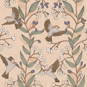 brown bird sparrows and olive tree branches - birds in flight - neutral, brown, sage green