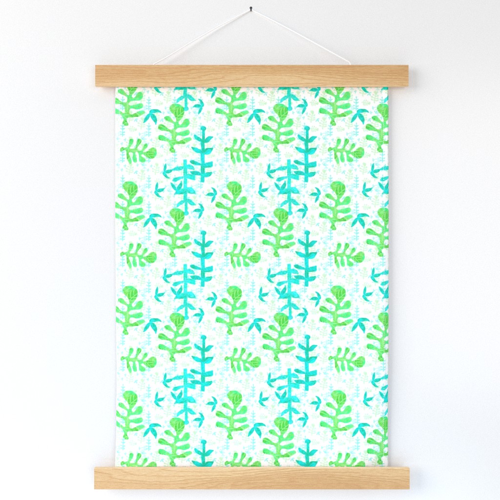 Scattered tossed cut out leaves, mono printed in water melon colours turquoise and lime green 6” repeat