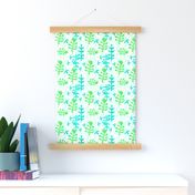 Scattered tossed cut out leaves, mono printed in water melon colours turquoise and lime green 6” repeat