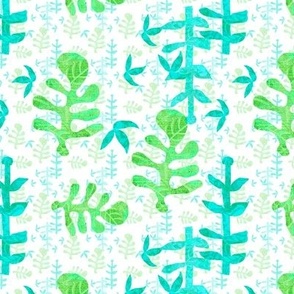 Scattered tossed cut out leaves, mono printed in water melon colours turquoise and lime green 6” repeat