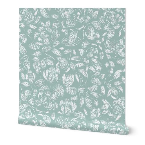 m sage greeen dotted white magnolias Wallpaper | Spoonflower