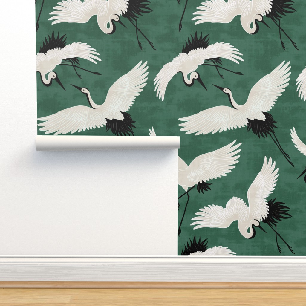 Cranes - Emerald Wallpaper | Spoonflower