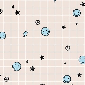 Retro happy day - school grid notebook texture with stars smileys and lightning  bolt flash design freehand black ink baby blue on sand 