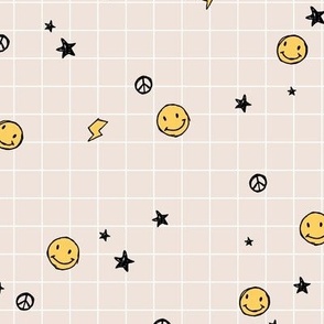 Retro happy day - school grid notebook texture with stars smileys and lightning  bolt flash design freehand black ink yellow on sand