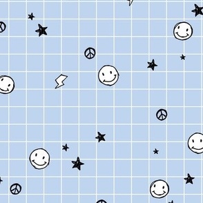 Retro happy day - school grid notebook texture with stars smileys and lightning  bolt flash design freehand black ink white on baby blue