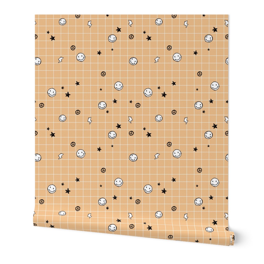 Retro happy day - school grid notebook texture with stars smileys and lightning  bolt flash design freehand black ink white soft orange 