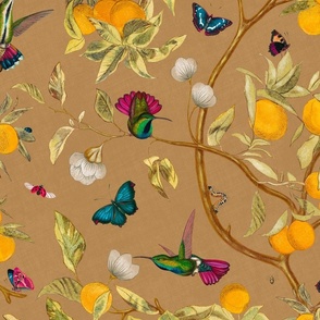 Hummingbirds, lemons and butterflies in caramel tan beige