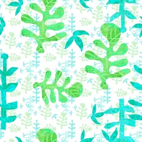 Scattered tossed cut out leaves, mono printed in water melon colours turquoise and lime green 12” repeat