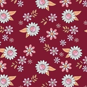 Retro yin yang flower power peace summer blossom - daisies leaves flower garden hippie theme sixties love orange peach pink on burgundy red