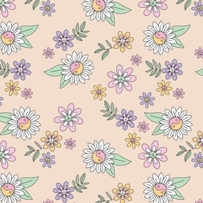Retro yin yang flower power peace summer blossom - daisies leaves flower garden hippie  theme sixties love lilac mint pink nineties palette on cream blush