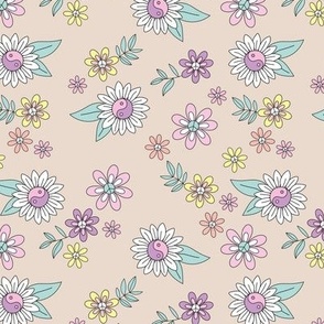 Retro yin yang flower power peace summer blossom - daisies leaves flower garden hippie  theme sixties love pink lilac yellow blue on tan beige