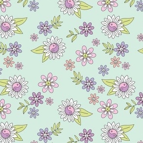 Retro yin yang flower power peace summer blossom - daisies leaves flower garden hippie  theme sixties love lilac pink lime green on mint nineties colorful palette