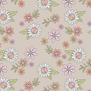 Retro yin yang flower power peace summer blossom - daisies leaves flower garden hippie  theme sixties love matcha green pink orange on beige