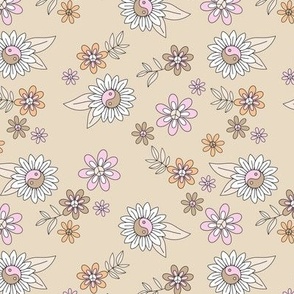 Retro yin yang flower power peace summer blossom - daisies leaves flower garden hippie  theme sixties love pink orange tan beige