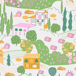 LARGE: Italian Countryside Villas: Modern Wallpaper in Soft Pinks, Greens, and Yellows