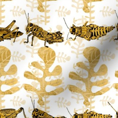 Handdrawn monochrome gold and earthy colours and black  bug grasshoppers in stripes on striped and tossed pale yellow earthy colours subdued  cut out leaves 12”  repeat 