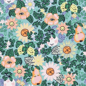 Garden of delights_happy fruits in a cheerful orchard, summer maximalist bedding/wallpaper.
