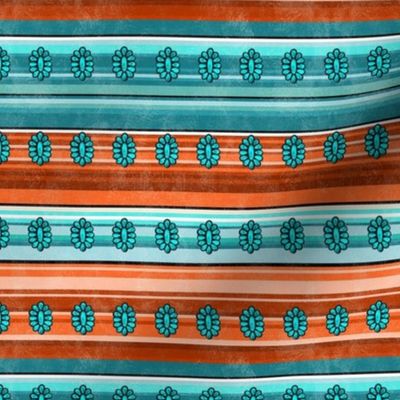 Small Scale Serape Stripes and Turquoise Gems in Aqua Blues and Orange Sunset