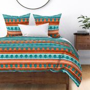 Large Scale Serape Stripes and Turquoise Gems in Aqua Blues and Orange Sunset