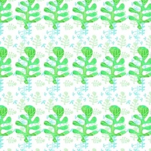 Cut out monoprinted patterned tossed leaves and striped leaves in lime green and turquoise blue colours 6” repeat 