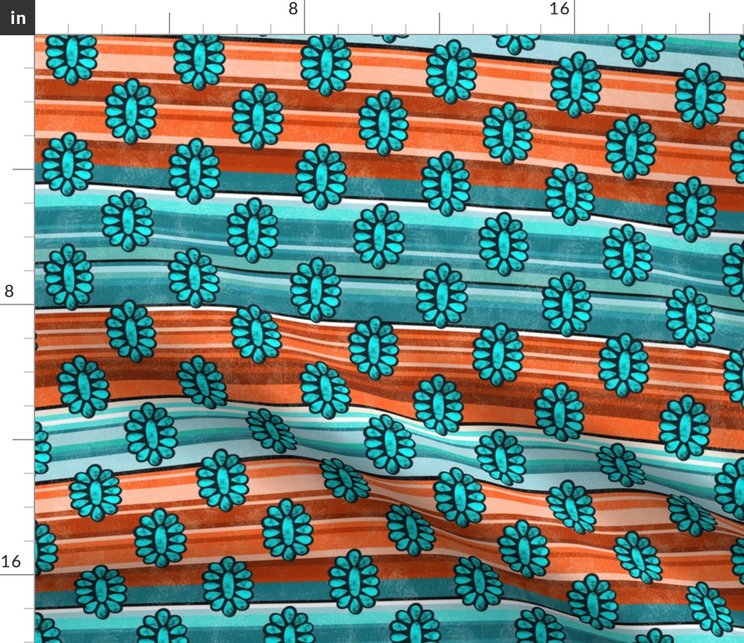 Medium Scale Western Serape Stripes and Turquoise Jewels in Shades of Aqua Blue Turquoise and Orange