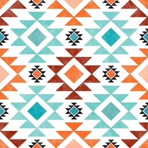 Large Scale Aztec Geometric in Shades of Blue Turquoise Aqua and Orange