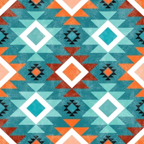 Large Scale Aztec Geometric in Shades of Aqua Blue and Orange on Turquoise