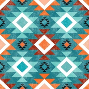 Medium Scale Aztec Geometric in Shades of Aqua Blue and Orange on Turquoise