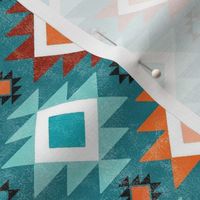 Small Scale Aztec Geometric in Shades of Aqua Blue and Orange on Turquoise