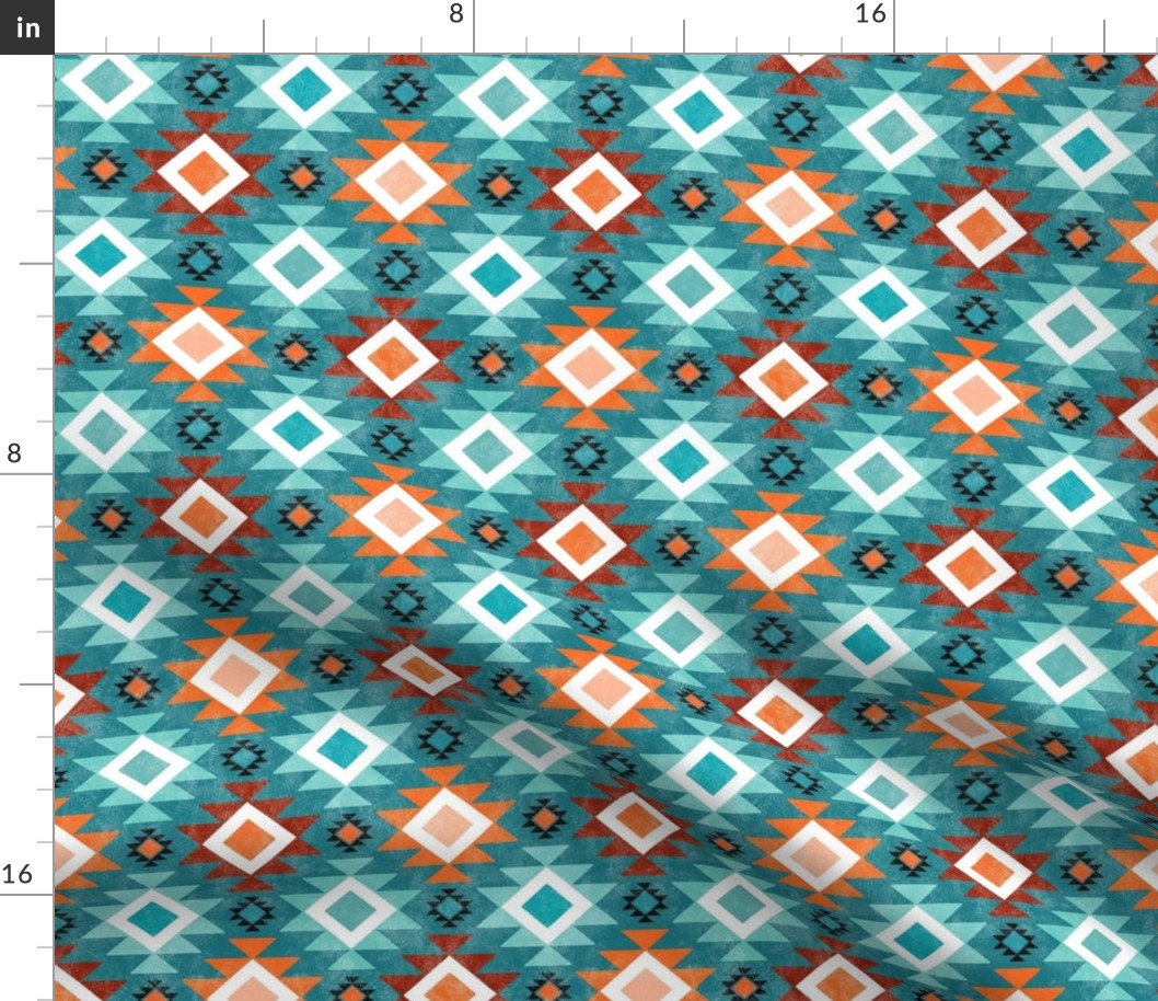 Small Scale Aztec Geometric in Shades of Aqua Blue and Orange on Turquoise