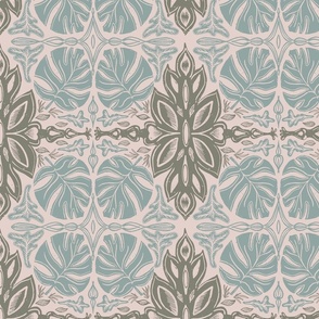 tropical monstera leaves damask block print in light blue and olive green