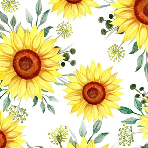 Sunflowers on a white background 1, watercolour illustration. Seamless floral pattern-234.