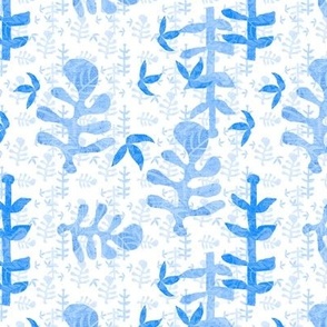 Scattered tossed cut out leaves, mono printed in  pale blue denim  hues  summer 6” repeat