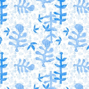 Scattered tossed cut out leaves, mono printed in  pale blue denim  hues  summer 12” repeat