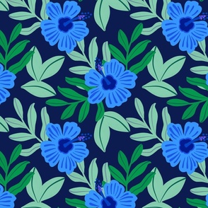 Floral blue hibiscus pattern on navy | tropical summer flowers