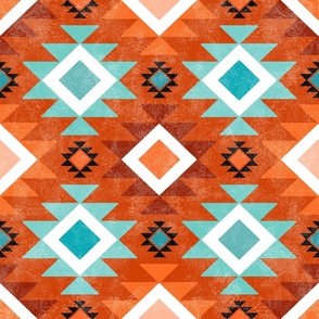 Large Scale Aztec Geometric in Shades of Aqua Blue and Orange on Sunset Orange