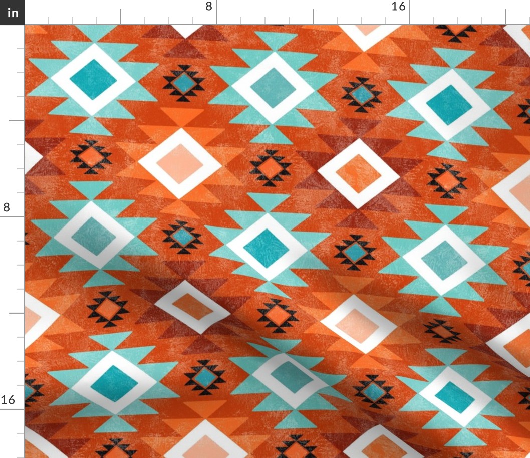 Medium Scale Aztec Geometric in Shades of Aqua Blue and Orange on Sunset Orange