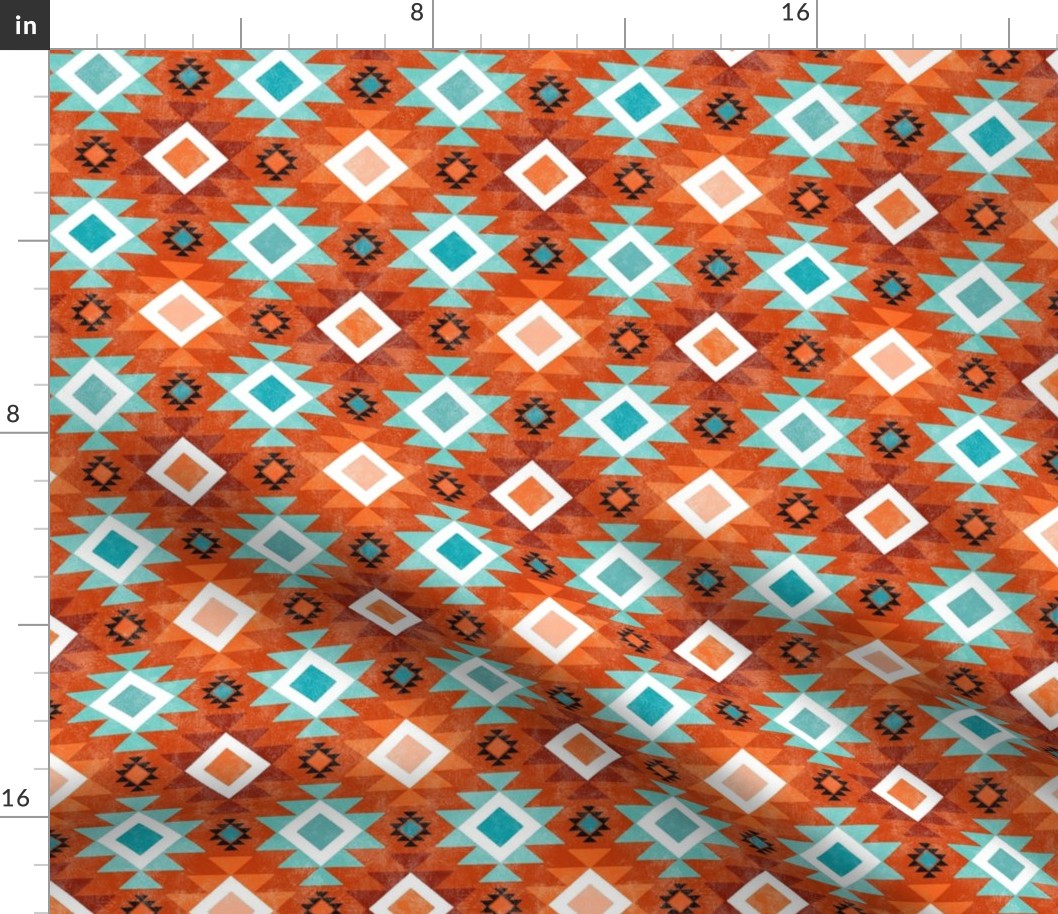 Small Scale Aztec Geometric in Shades of Aqua Blue and Orange on Sunset Orange