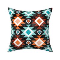 Medium Scale Aztec Geometric in Shades of Turquoise Aqua Blue and Orange on Black