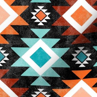 Medium Scale Aztec Geometric in Shades of Turquoise Aqua Blue and Orange on Black