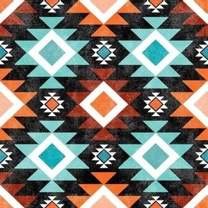 Small Scale Aztec Geometric in Shades of Turquoise Aqua Blue and Orange on Black