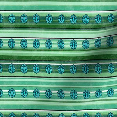 Small Scale Serape Stripes and Turquoise Gems in Shades of Green