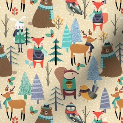 Winter Woodland Animals - Winter Snow Forest Animals, Bears Deer Fox Owl Kids Design (soft gold)