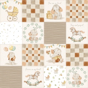 Neutral Baby Nursery - Gender Neutral Baby Quilt, Baby Elephants, Boho Baby Animals, Newborn Blanket, Cream Rust Red Brown pattern D