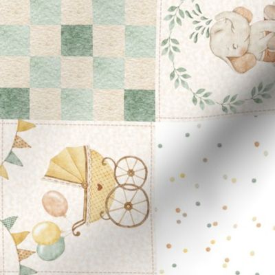 4 1/2" Sweet Neutral Baby Quilt – Gender Neutral Nursery, Baby Elephants, Soft Colors, Newborn Blanket, Cream Orange Green pattern B ROTATED