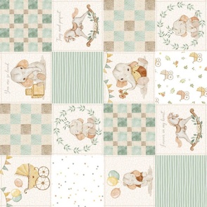 4 1/2" Gender Neutral Baby Quilt – Neutral Baby Nursery, Baby Elephants, Baby Animals, Newborn Blanket, Cream Green pattern C ROTATED