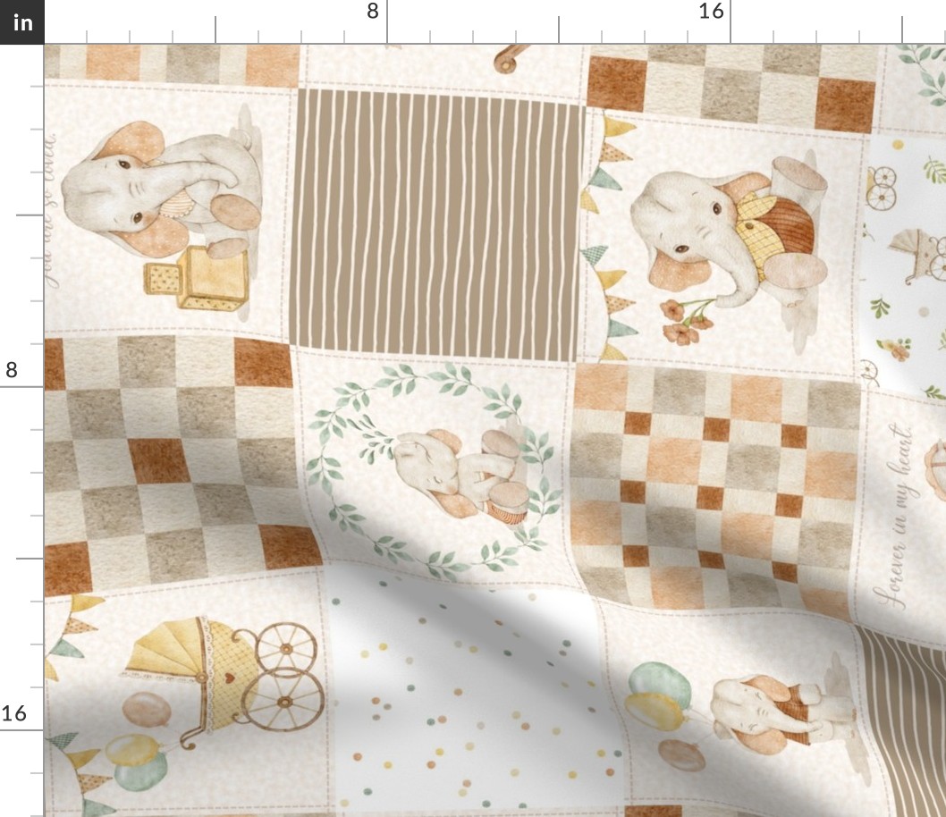 Neutral Baby Nursery - Gender Neutral Baby Quilt, Baby Elephants, Baby Animals, Newborn Blanket, Cream Rust Red Brown pattern D ROTATED
